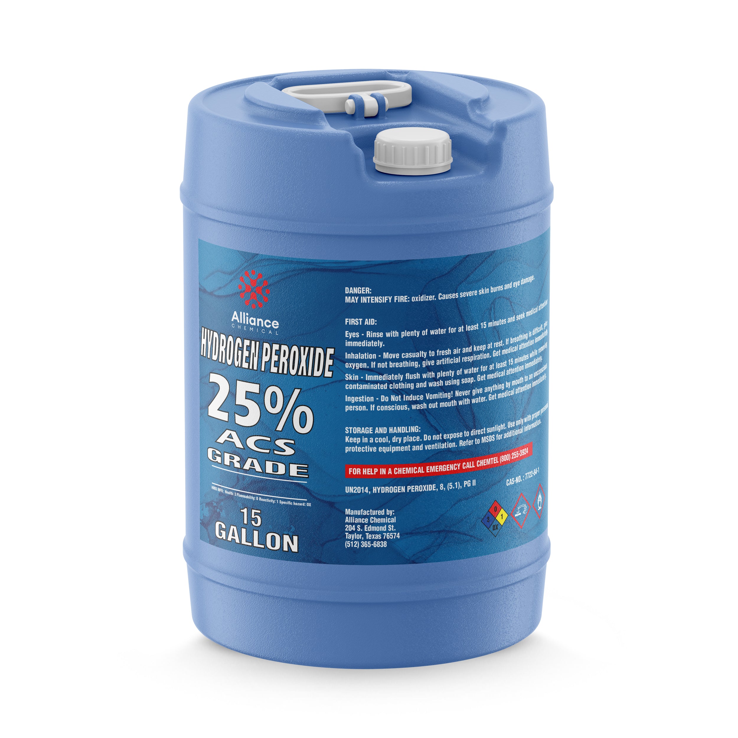 15-gallon blue HDPE carboy of 25% ACS-grade hydrogen peroxide with hazard warnings, first aid instructions, and dual-port screw cap closure system.